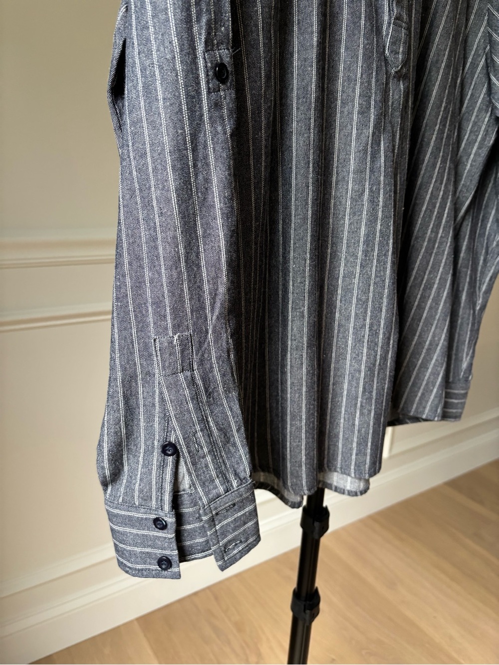 Men's Grey Striped Mandarin Collar Button-Down Shirt - Picture 3 of 7